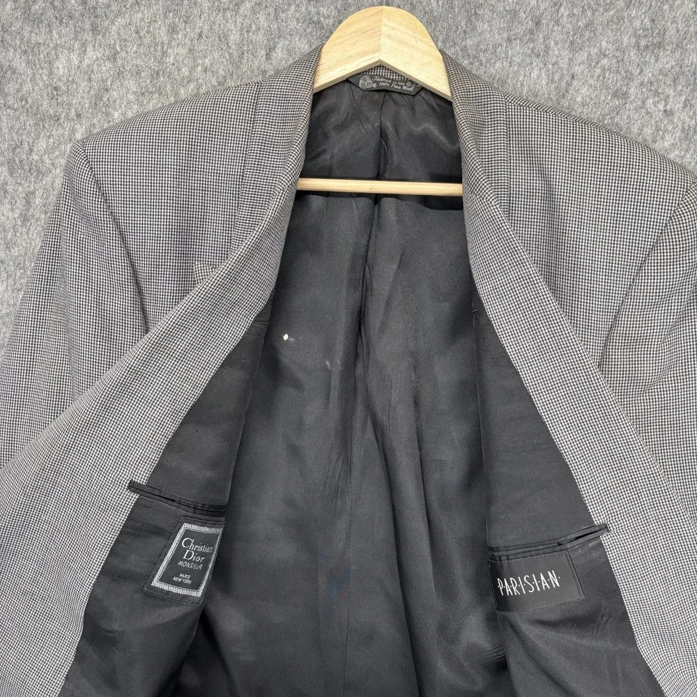 Vintage Christian Dior Double Breasted Blazer 40R Houndstooth Wool Shoulder Pads